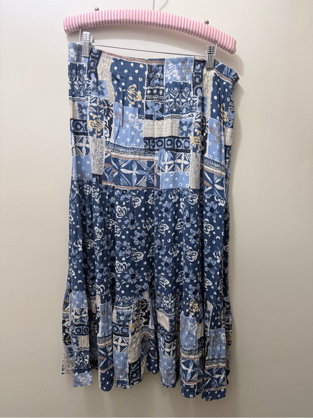 Vintage Patchwork Tiered Peasant Midi Skirt Country Western Cottage L Stretch